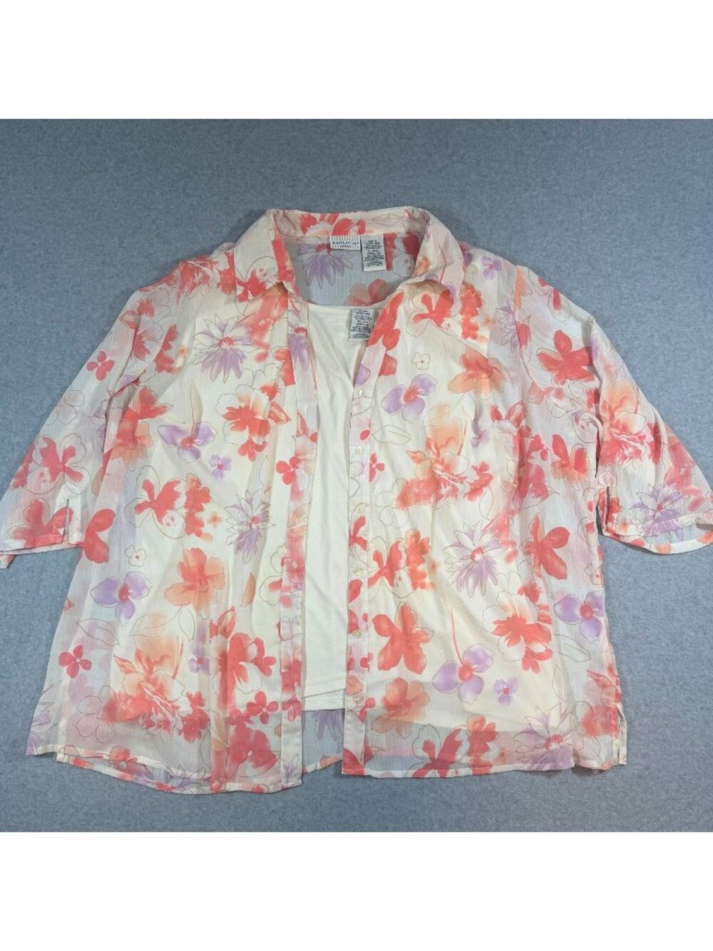 White Stag Women’s 4X Floral Sheer Button Front Blouse Top Pink Purple Layered
